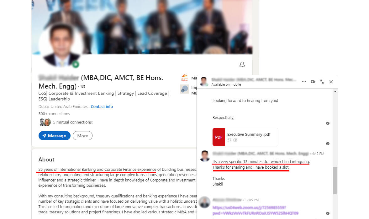 Go from unknown to discussing a meeting with leading figures within the sector.